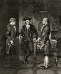Baron de Kalb (mitten) presenterar Lafayette för Silas Dean, från "Life and Times of Washington", volym I, publicerad 1857